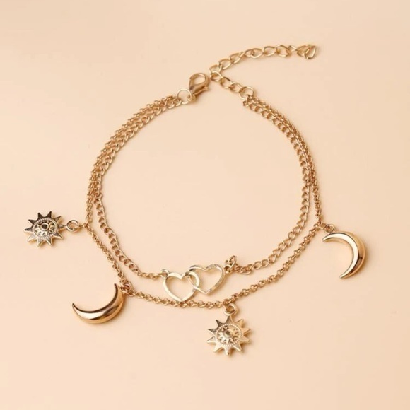 Sun Moon Heart Charm Layered Anklet Golden Chain - Picture 3 of 6